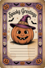 Creative Halloween greeting card featuring a smiling pumpkin with a witch hat and spooky decorations