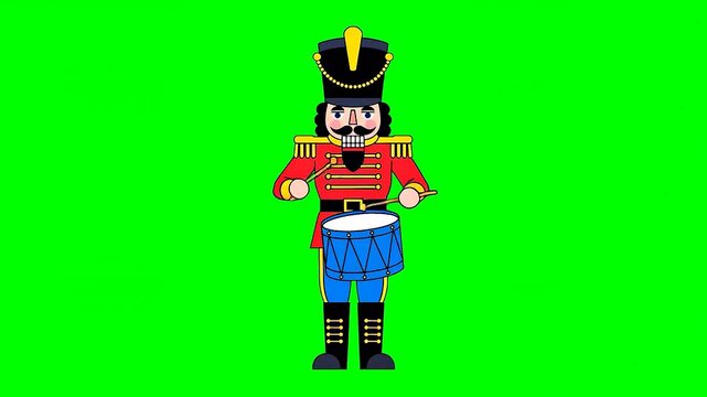 Cartoon nutcracker drummer w black mustache red uniform blue pants  blue drum against a green background