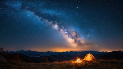 A tent under a starry sky with a glowing campfire in a mountainous landscape.