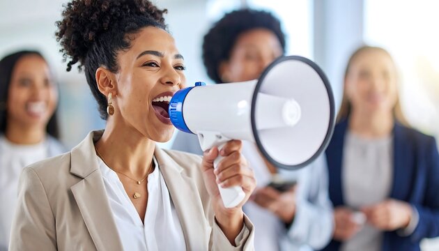 Woman using a megaphone in a business setting.