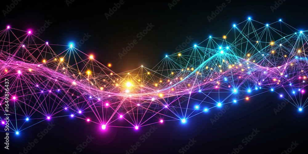 Poster vibrant network of luminous nodes and interconnected lines glows against a dark backdrop. this visua