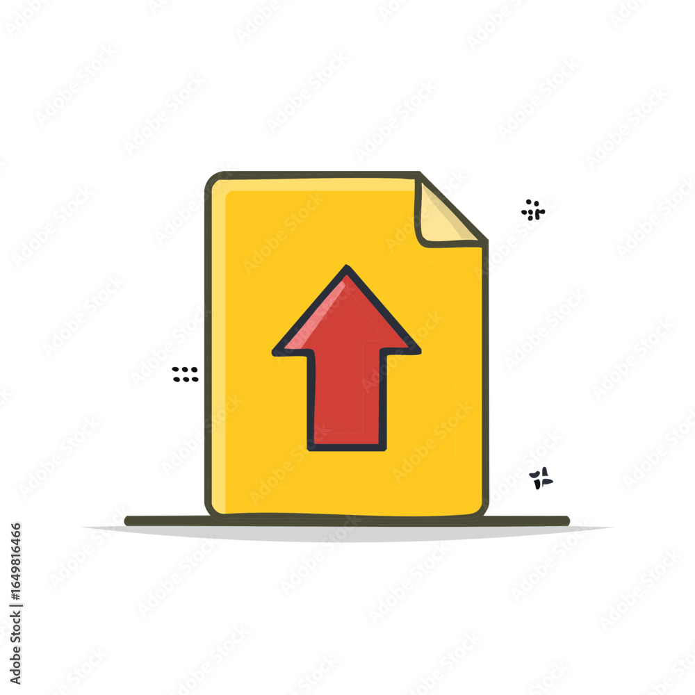 Poster cartoon yellow file paper with red arrow pointing up, upload file concept illustration, minimal uplo