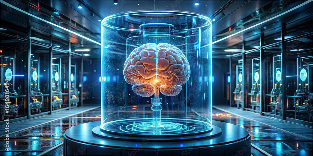 Poster a detailed representation of a brain encased in a glass container is displayed in a high-tech labora