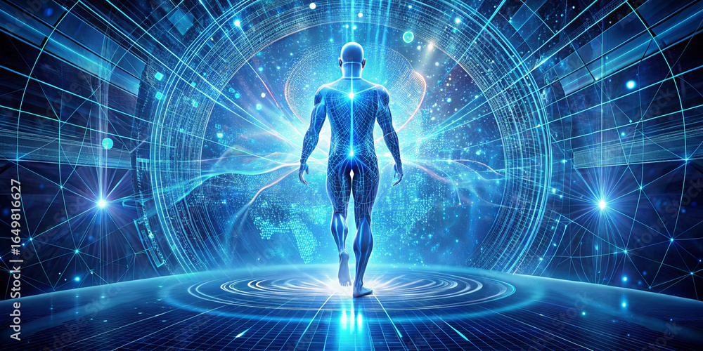 Poster a vivid human silhouette stands in a dynamic virtual space, surrounded by intricate patterns and glo
