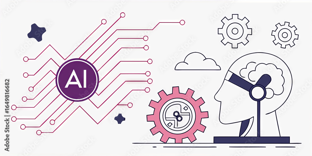 Poster abstract representation of artificial intelligence featuring a human head silhouette with gears and 