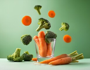 still life of carrots in a glass with broccoli and carrot slices floating in the air on a light green background