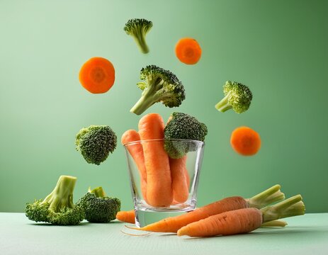 still life of carrots in a glass with broccoli and carrot slices floating in the air on a light green background - Powered by Adobe