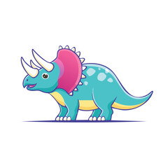Obraz premium Cartoon Triceratops Dinosaur with Horns and Frill, Blue and Pink Color, Isolated on White