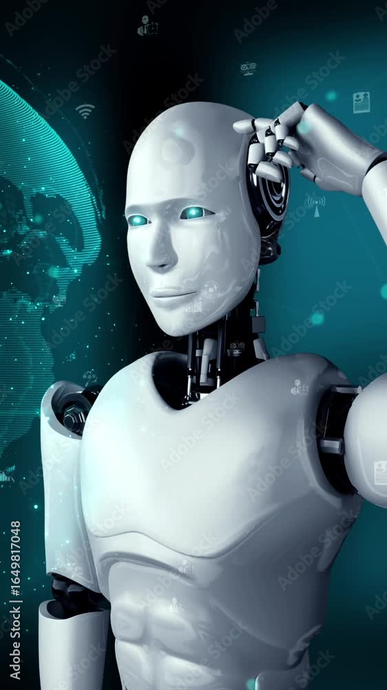 Poster ai robot huminoid uses cloud computing technology to store data on online server . futuristic concep