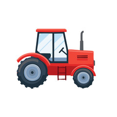 Fototapeta premium Vibrant Red Farm Tractor Vehicle: Farm equipment machinery for agriculture and rural farm transport with black tires. Cartoon vector style illustration.