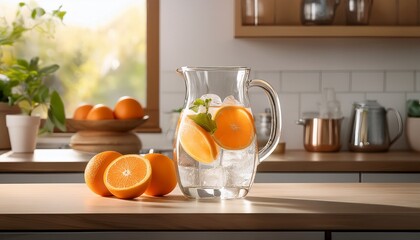 refreshing pitcher of water with ice and oranges on kitchen counter