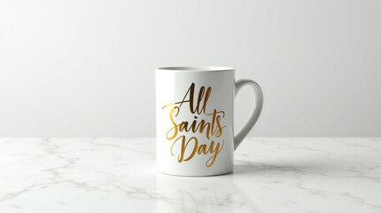 Elegant white mug featuring a golden all saints day design, placed on a marble table isolated on white background, symbolizing remembrance and celebration in a simple yet refined way