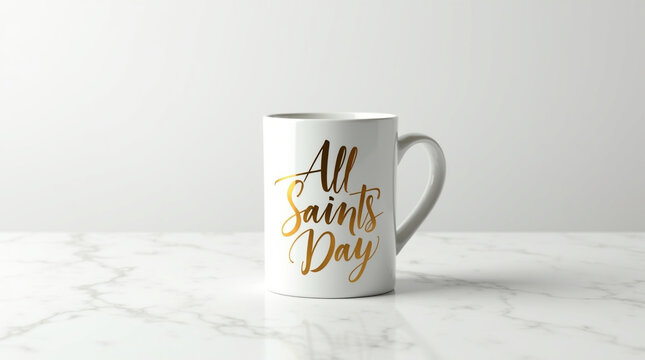 Elegant white mug featuring a golden all saints day design, placed on a marble table isolated on white background, symbolizing remembrance and celebration in a simple yet refined way