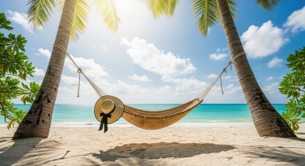 Tranquil Beach Escape: Hammock, Palm Trees, and Turquoise Sea with Hat