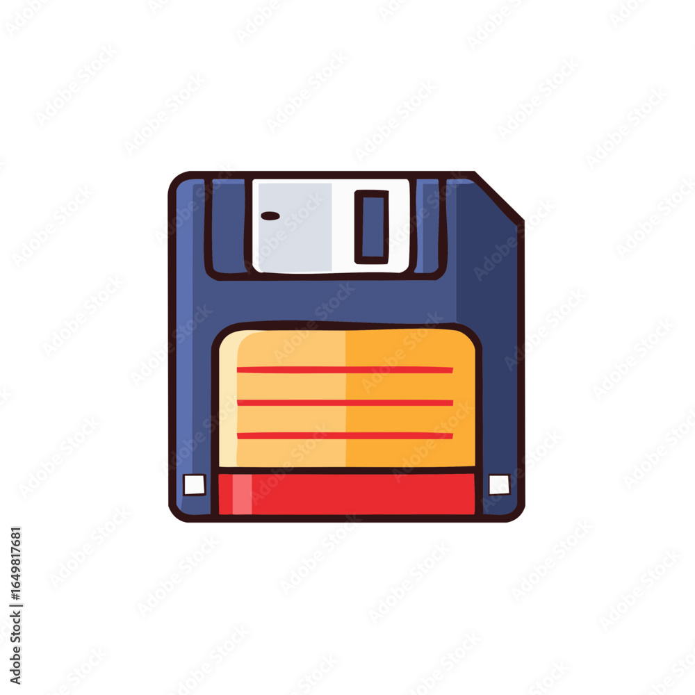 Poster isolated floppy disk icon shows obsolete data storage method with cartoon drawing