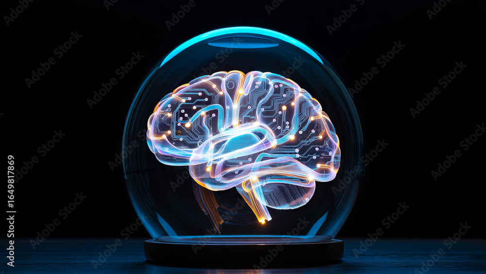 Poster a futuristic brain model displayed in a transparent dome exhibits glowing circuitry patterns, repres