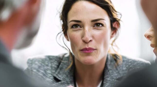 Professional Woman Engaging in Panel Discussion Amid Blurred Participants: Perfect for Business Ads Promoting Leadership Workshops