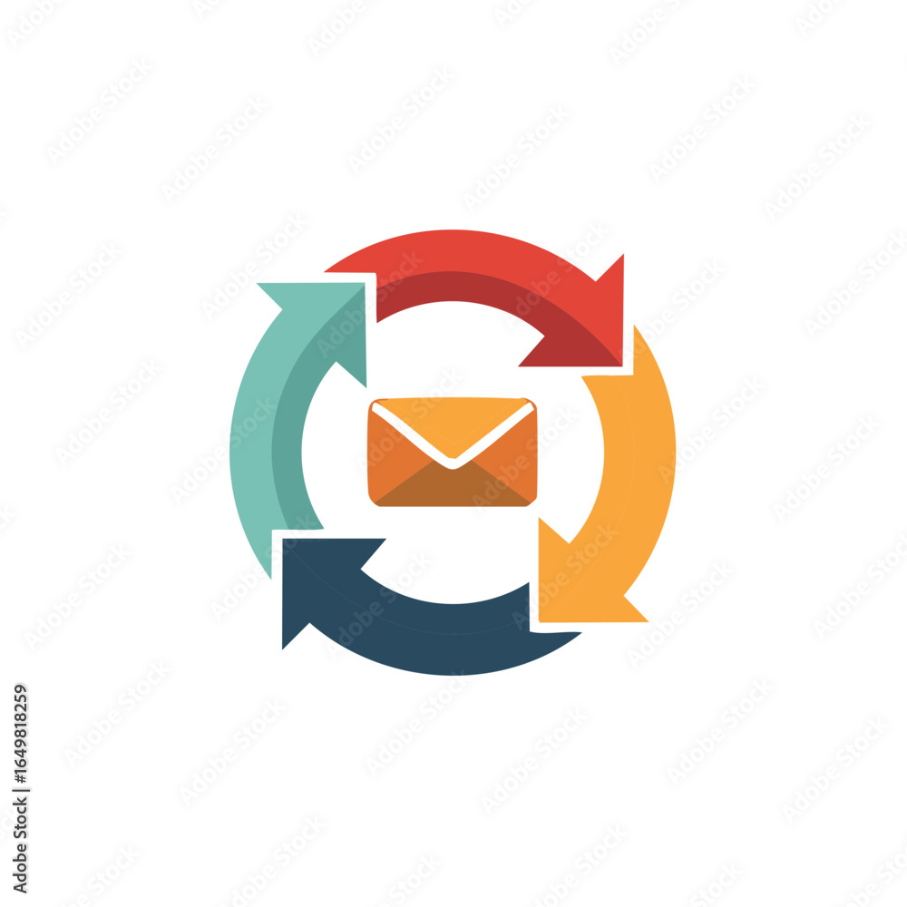 Poster mail envelope icon with circular arrows in red blue green and yellow for sending messages and commun
