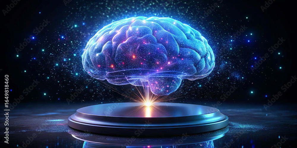 Poster a glowing, digital brain is displayed above a platform, surrounded by sparkling particles. the brigh