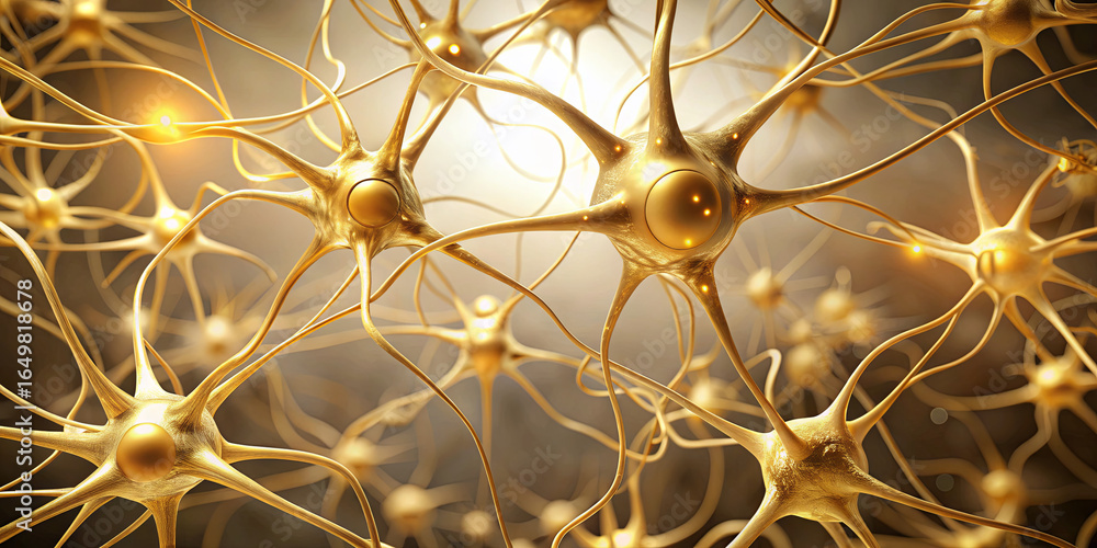 Poster golden neurons interconnect in intricate patterns, illuminated by warm light that highlights their s