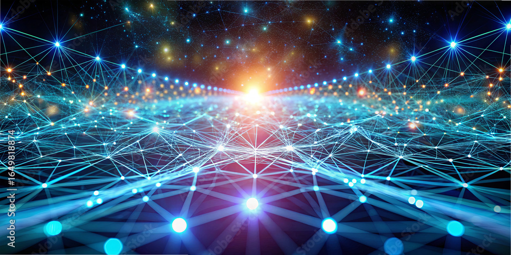 Poster a vibrant digital network spreads across a cosmic landscape with luminous nodes illuminating the sce