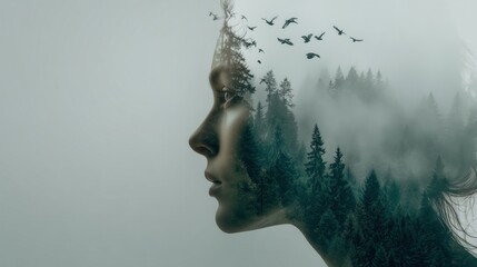 woman's face blending with dense forest A double exposure of a woman's profile blended with a forest and birds, symbolizing connection with nature.