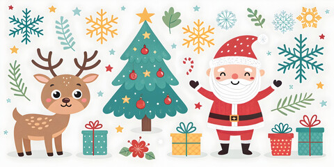 Fototapeta premium Cute cartoon reindeer Santa Claus Christmas tree snowflakes and gifts collection isolated on white background