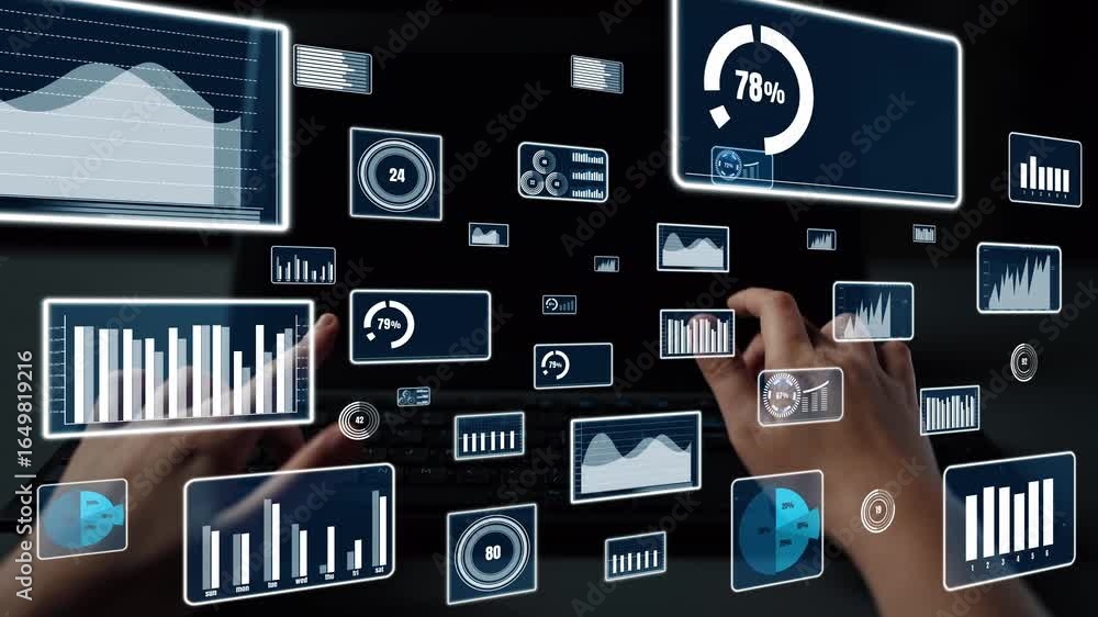 Poster a close-up view of hands interacting with a digital interface showcasing various data analytics and 