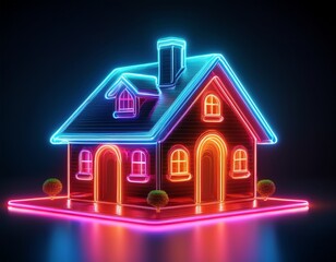 glowing neon house symbol on dark background representing home and comfort illuminated outline creates striking visual effect evoking warmth and safety