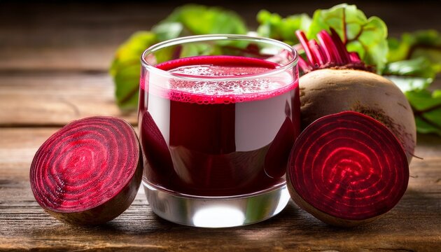 fresh beetroot juice with sliced beets on rustic wooden table