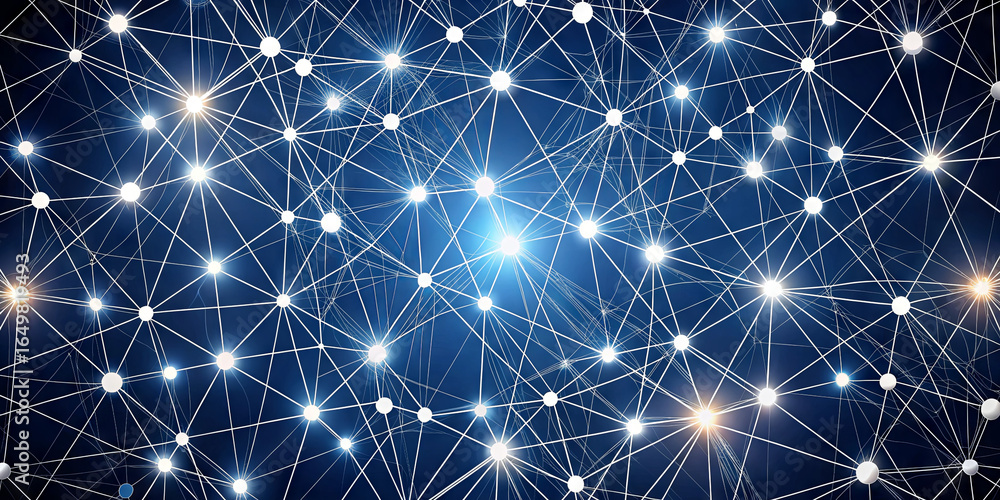 Poster a dynamic representation of a network system displays illuminated nodes connected by lines, symboliz