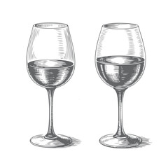 Engraved wine glasses with vintage shading in retro style.