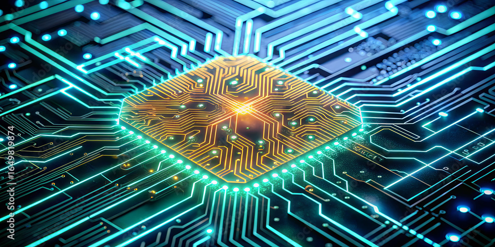 Poster a detailed close-up showcases a vibrant microchip at the center of complex circuitry. the glowing el