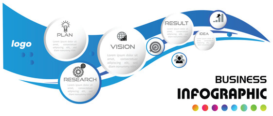 Creative business infographic template with blue wave design and circular elements, perfect for modern presentations, strategy, planning, and corporate data visualization.