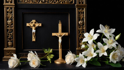 Two golden crucifixes and white lilies are arranged in a black frame, symbolizing faith, mourning, and remembrance, offering a poignant tribute to loss and the eternal hope of heaven