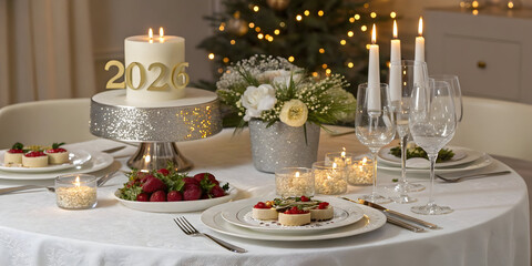 Festive New Year's Eve table setting with 2026 candle and sparkling decorations image