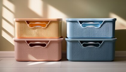 isolated modular storage bins on home organization high fidelity minimalist design product photography