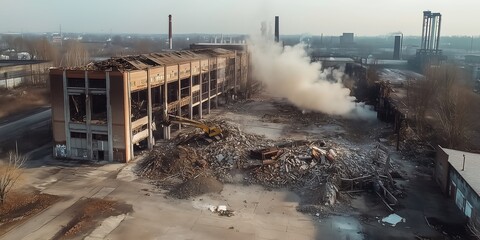 Aerial View of a Large Industrial Building Demolished by Explosives