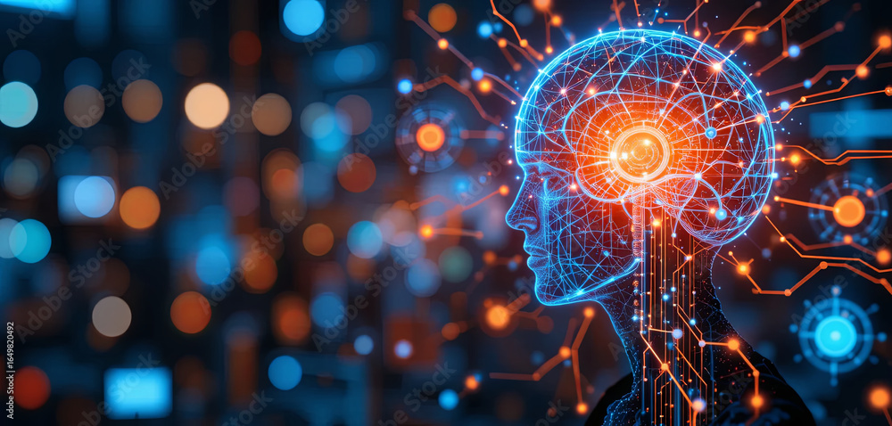 Poster a digital representation showcases an abstract human head filled with glowing neural connections and