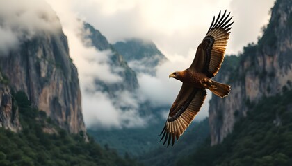 Fototapeta premium Golden Eagle in Flight Over Mountain Valley, Soaring Through Cloudy Peaks