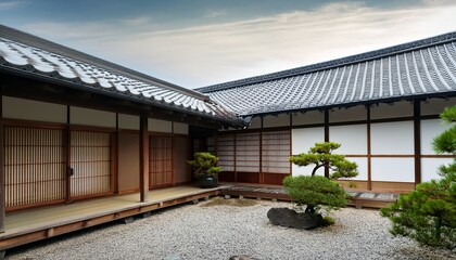 Fototapeta premium traditional japanese wooden house with dark gray tiled roof shoji screens and a small courtyard garden