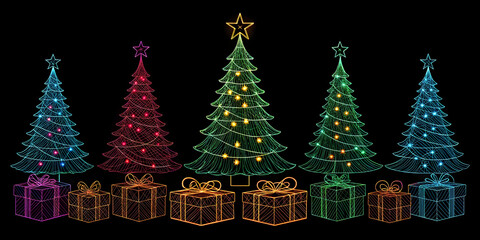Neon wireframe Christmas trees with glowing stars and string lights surrounded by gift boxes on black background