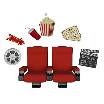 3D red cinema seats with floating cinema elements. popcorn, drink, film tape, arrow, cinema tickets, cla