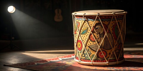 Ornate drum illuminated by spotlight on stage