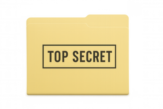 Confidential yellow folder holding classified documents, resting on transparent surface - Powered by Adobe