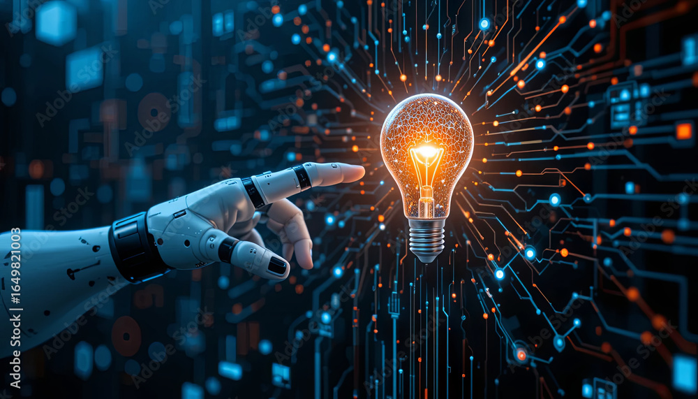 Poster a robotic hand is extending towards a bright, glowing light bulb, surrounded by an intricate network