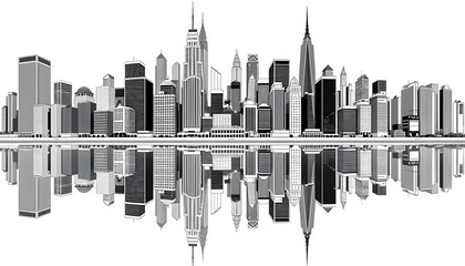 Fototapeta premium Monochrome ink art style City Skyline with Perfect Water Reflection – Symmetrical Urban Landscape in Black and White