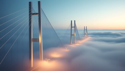 Serene Dawn Over the Cloud Sea,  A Futuristic Suspension Bridge Rising Into the Sky, Illuminated by Golden Light and Framed by Misty Horizons

