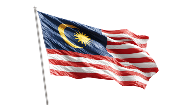 A malaysian flag waving in the wind with a dark blue canton and a crescent moon and star emblem