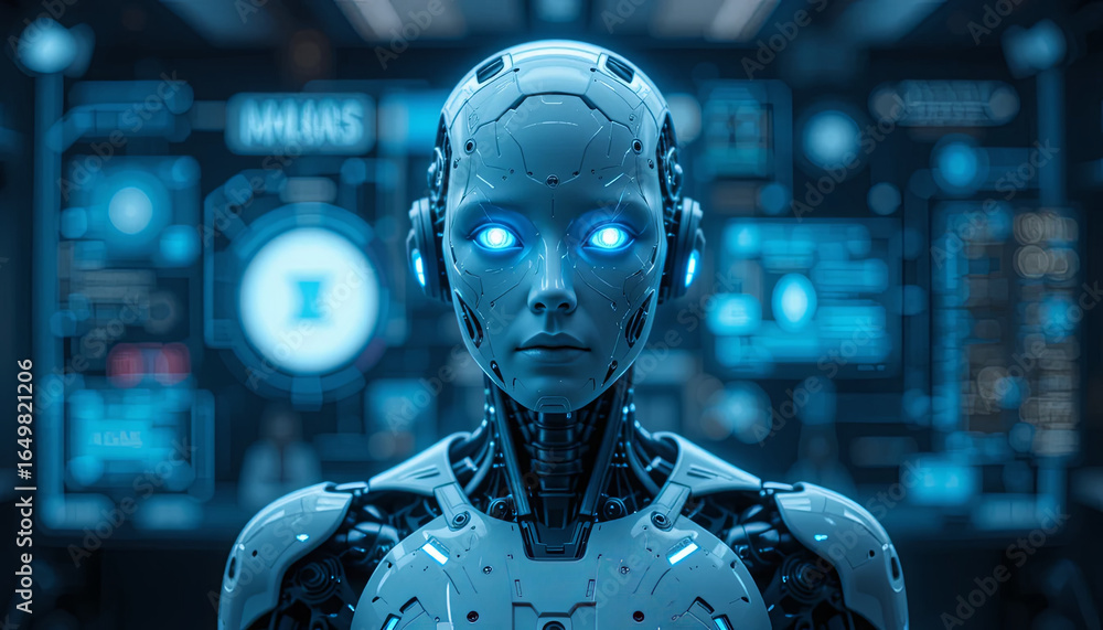 Poster a humanoid robot stands in a high-tech control room filled with digital screens. its glowing blue ey